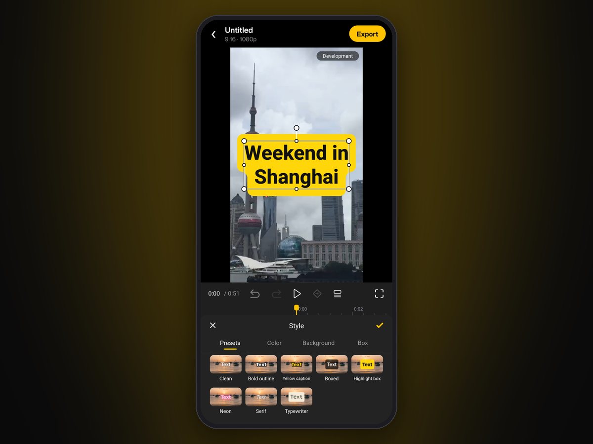 The editor's text style presets open, with a highlighted title on the preview