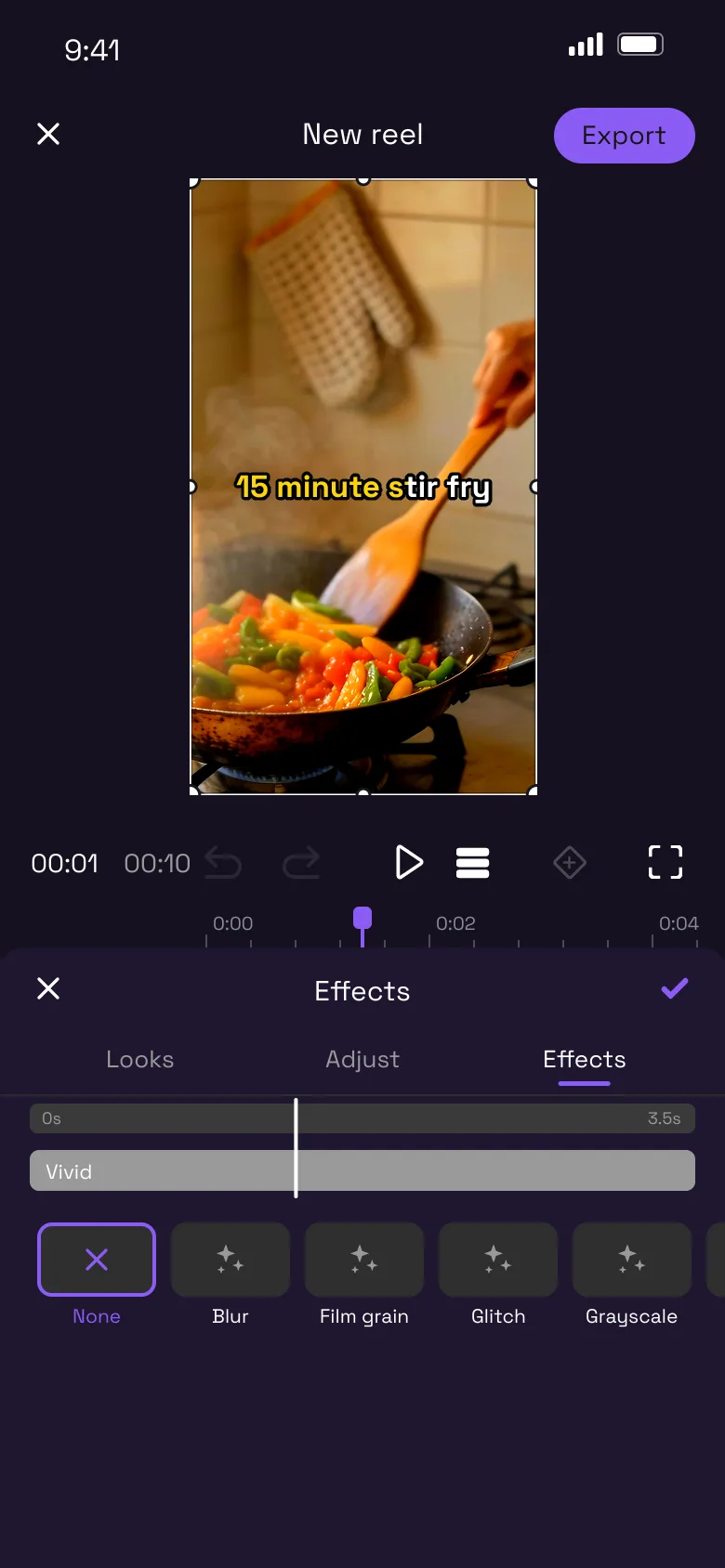 A creator app: dark violet editor, vertical video, the full toolset with the effects panel open