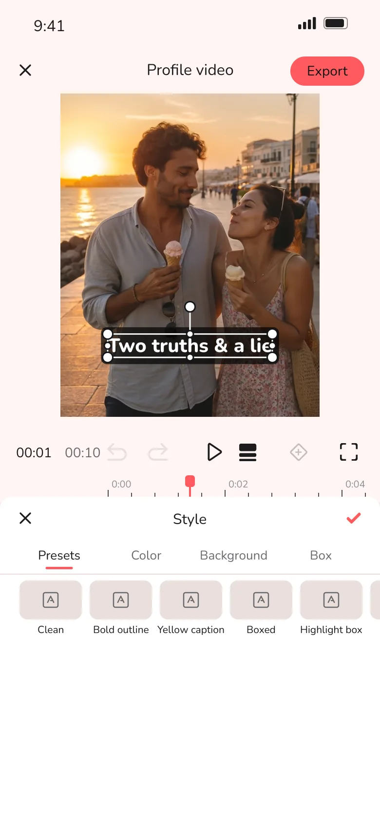 A dating app: light coral editor in a rounded font, 4:5 video, styled text