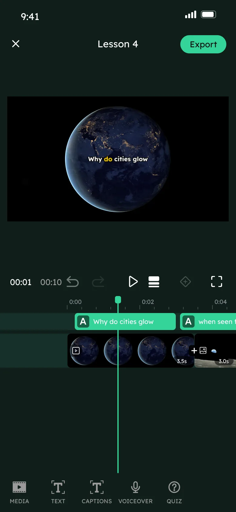 A learning app: green editor, landscape video, captions, custom Voiceover and Quiz tools
