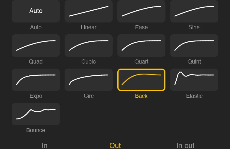 Easing picker with curve tiles and in, out, in-out