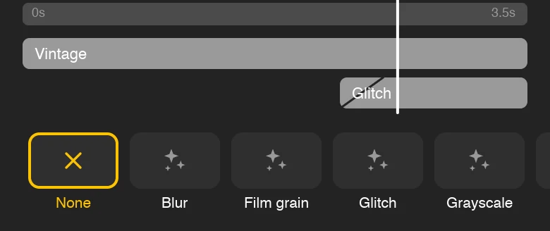 Effects panel: a Vintage look across the clip and a Glitch on part of it