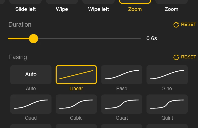 Transition panel with duration and easing