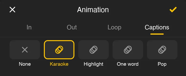 Captions panel with karaoke selected