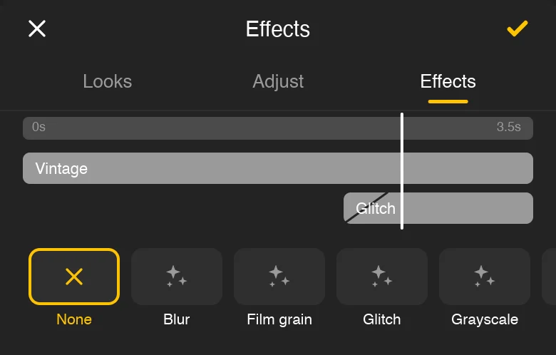 Effects panel with a look and a glitch timed to part of the clip